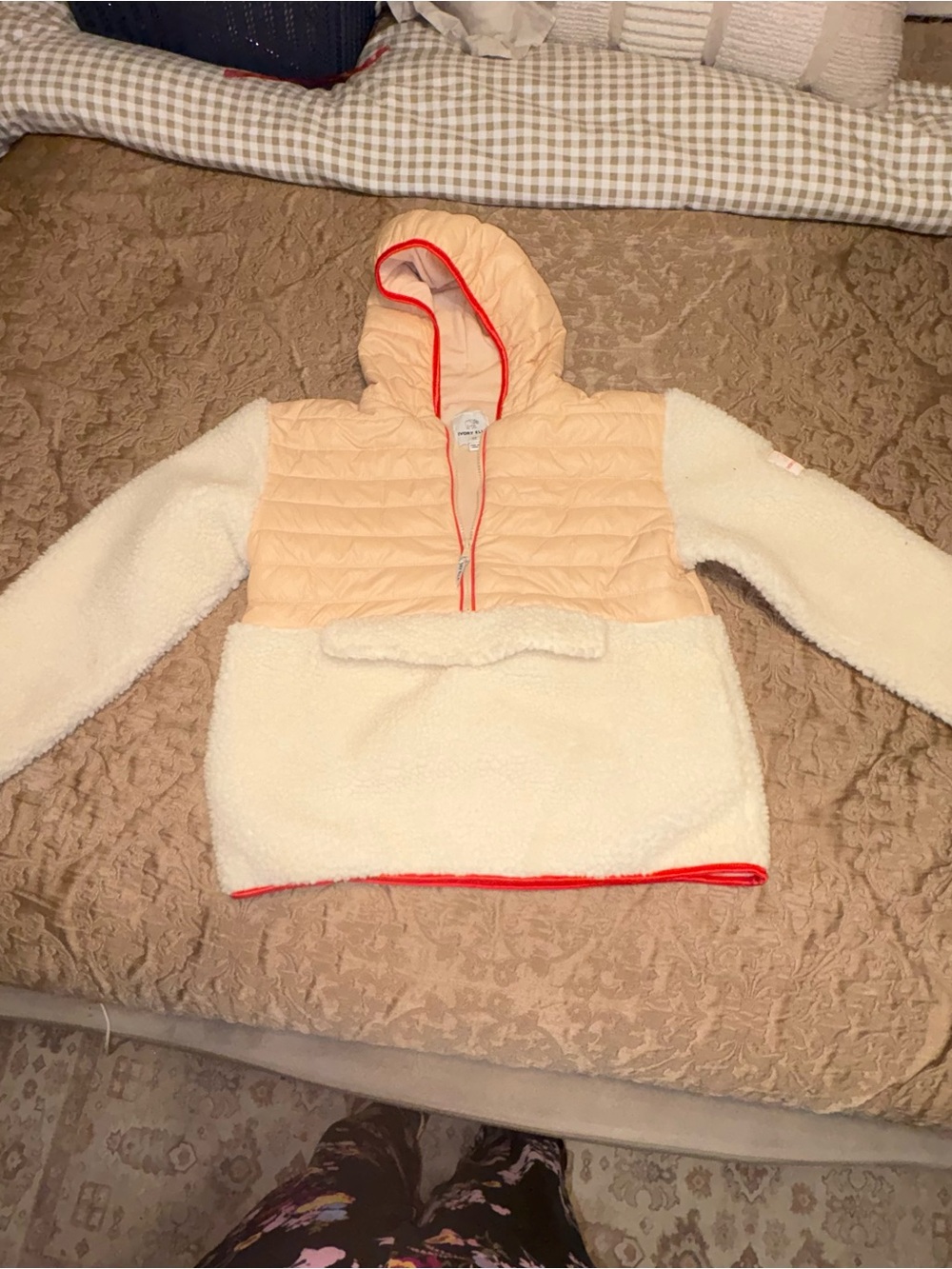 ivory ella Girls' Cream Sherpa Hooded Pullover with Peach Quilted Bodice